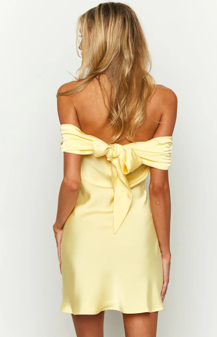 Primrose Yellow Satin Off the Shoulder Mini Dress