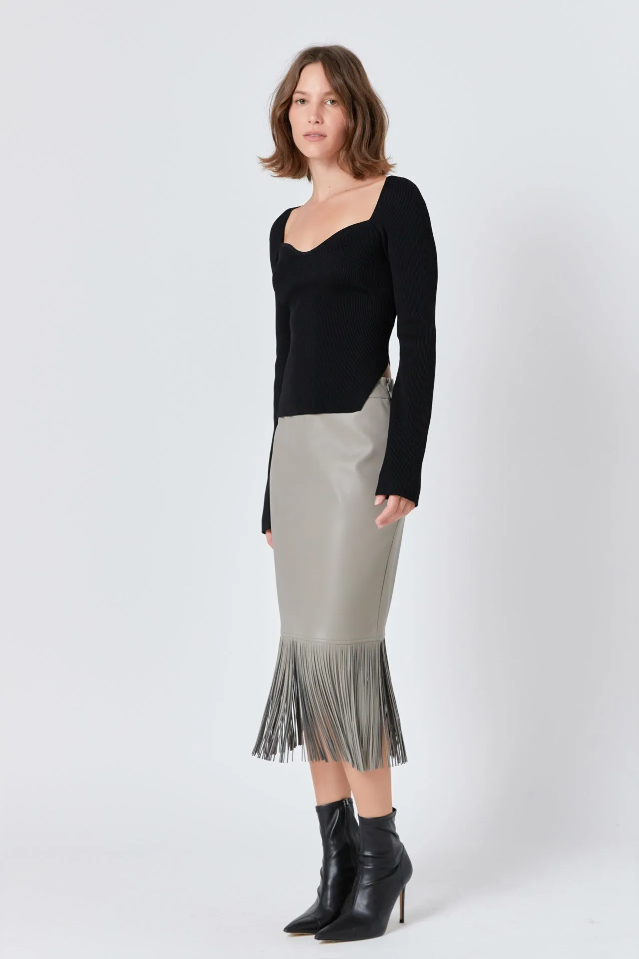 Pu Fringe Pencil Midi Skirt