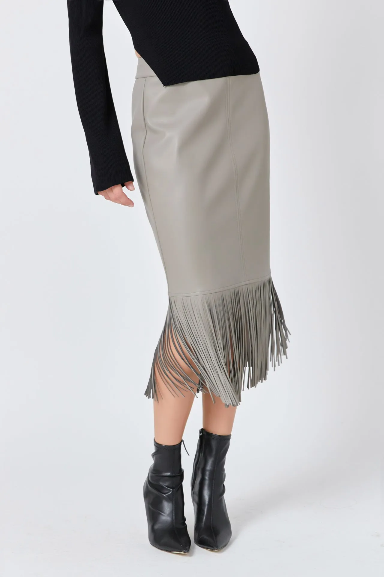 Pu Fringe Pencil Midi Skirt