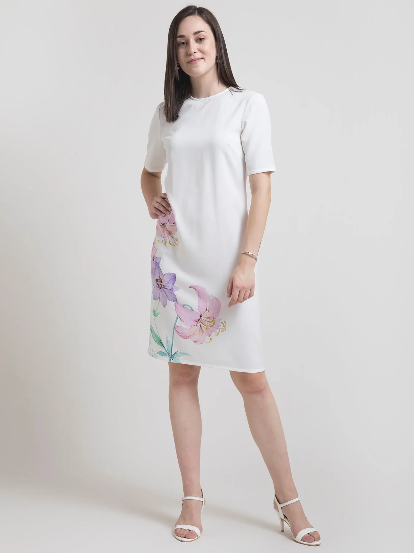 Round Neck Watercolour Floral Shift Dress - White