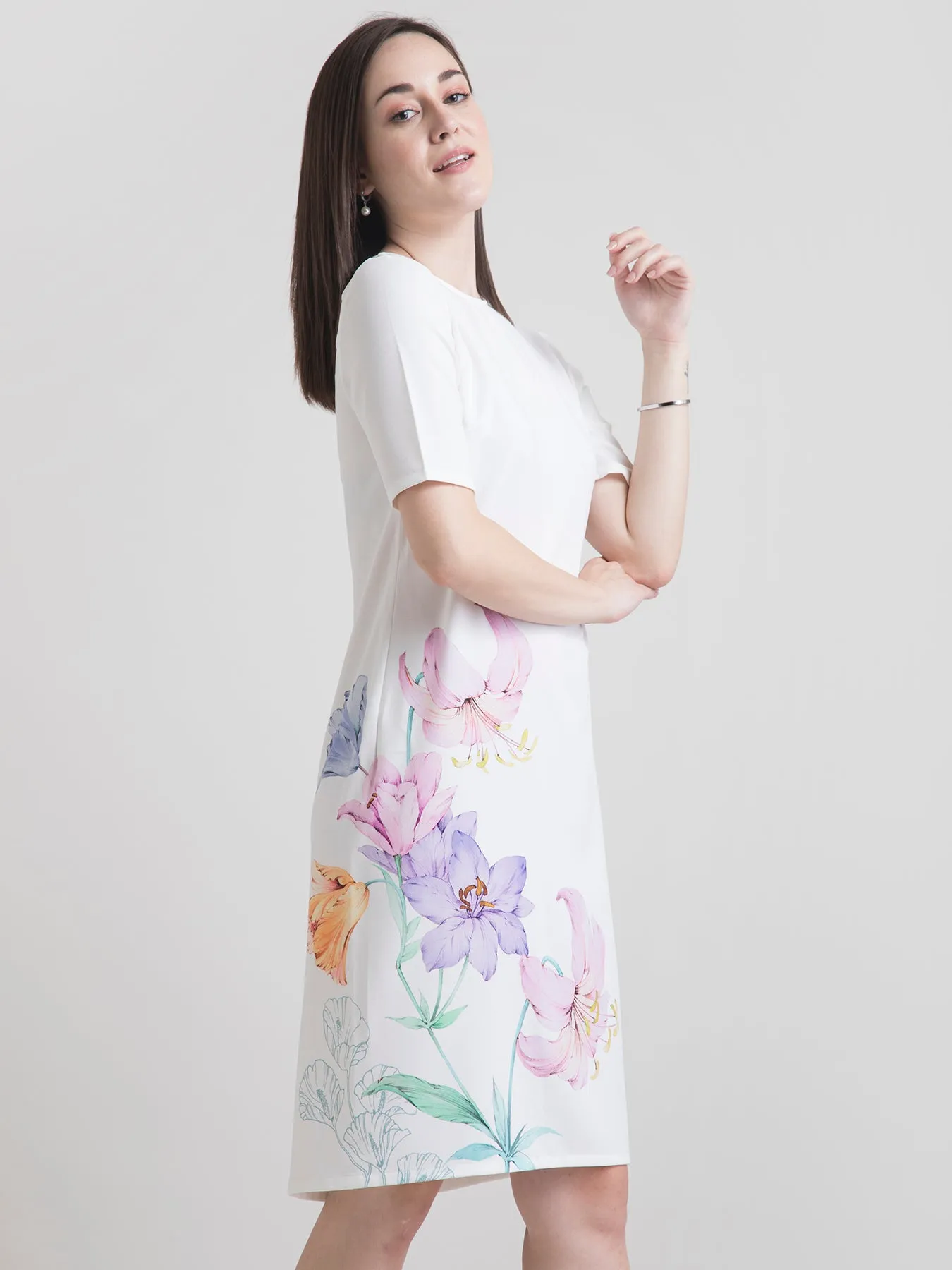 Round Neck Watercolour Floral Shift Dress - White