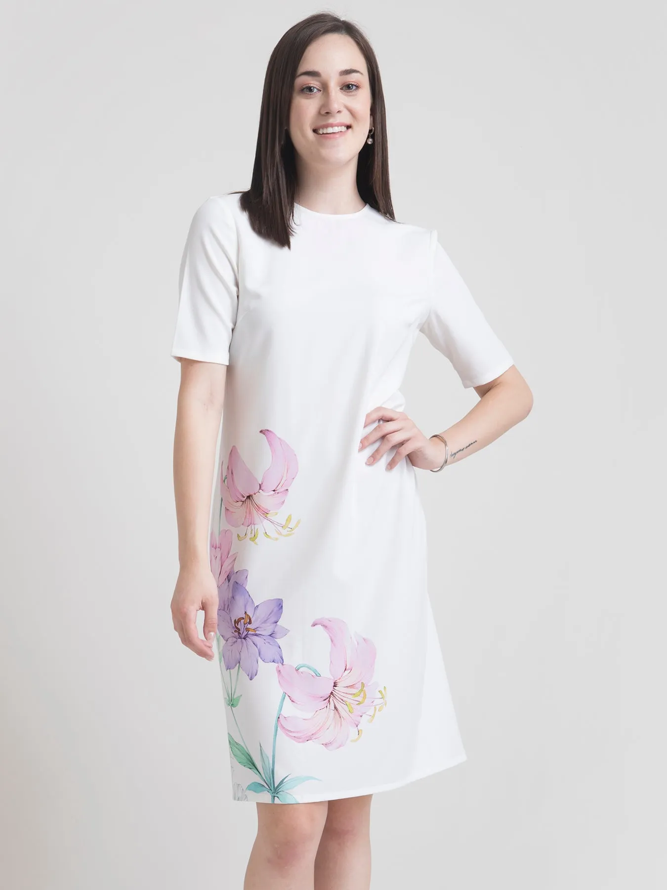 Round Neck Watercolour Floral Shift Dress - White