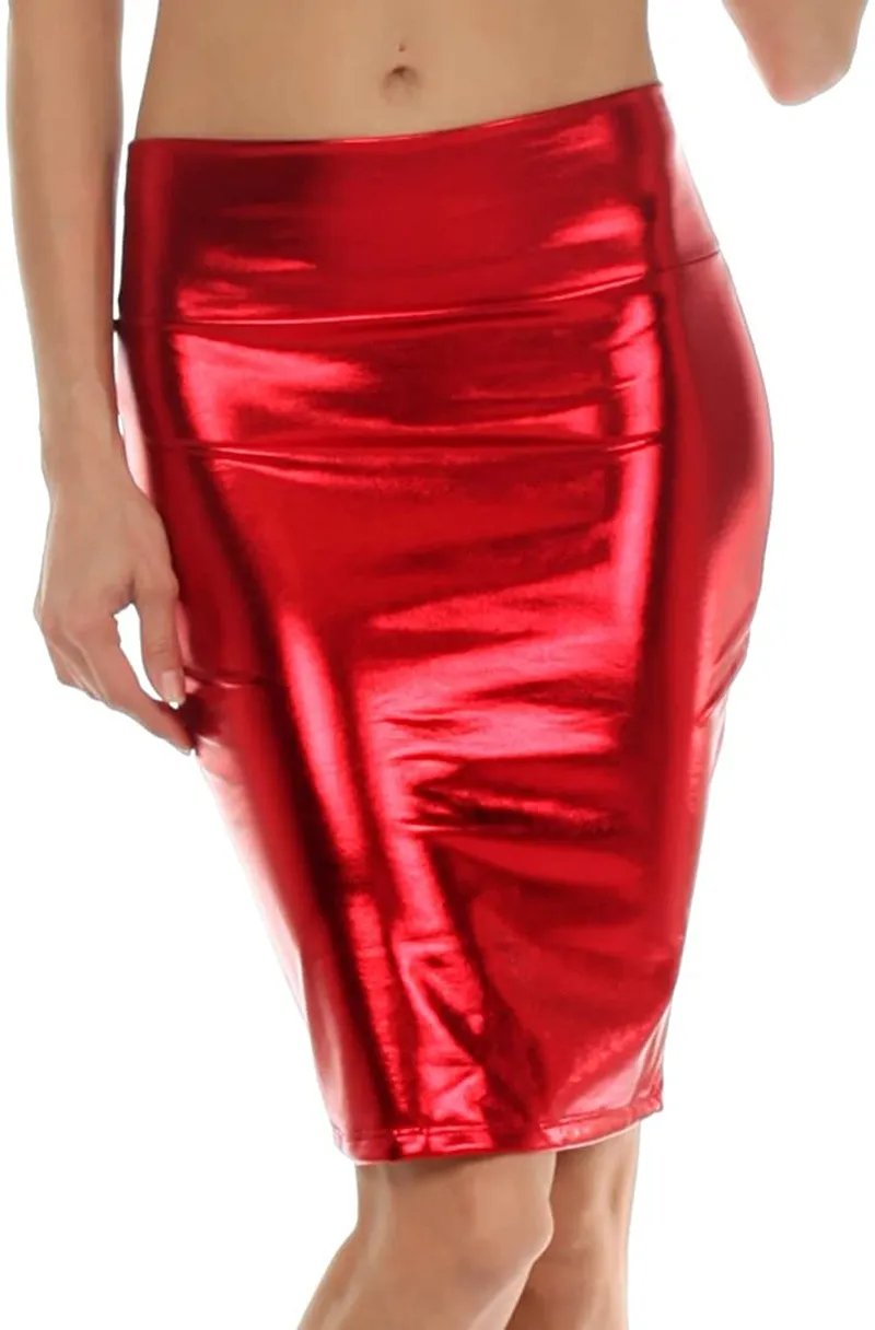 Sakkas Women's Shiny Metallic Liquid High Waist Pencil Skirt