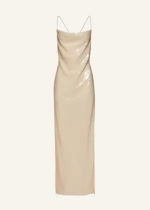 Sequin spaghetti strap gown in cream