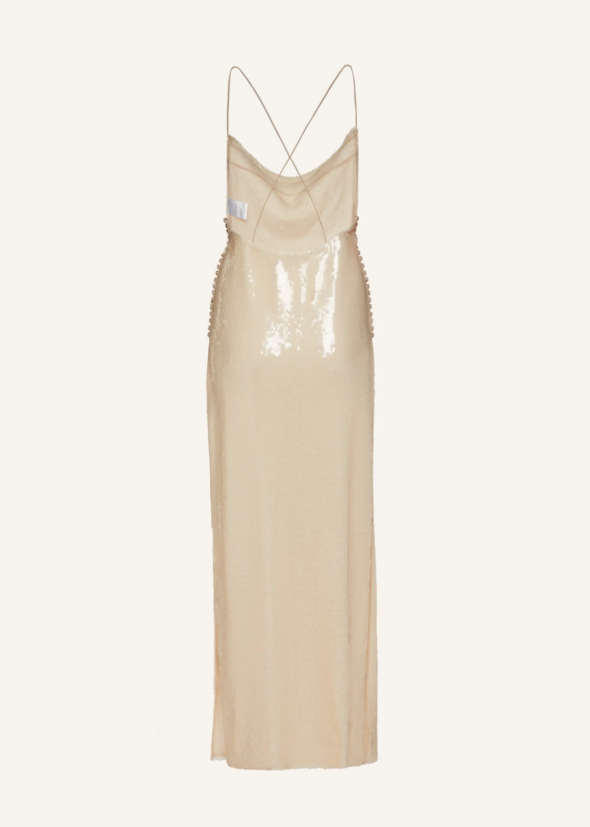 Sequin spaghetti strap gown in cream