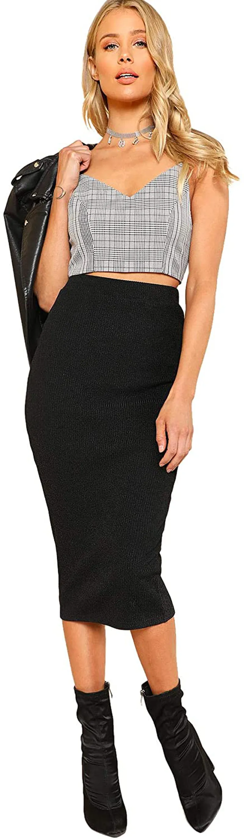 SheIn Women's Elegant Plain Stretchy Ribbed Knit Midi Full Length Basic Pencil Skirt