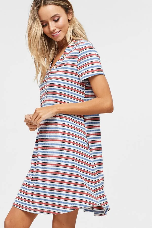 Short sleeve striped knit shift dress with V-neck and faux-button detail and pockets