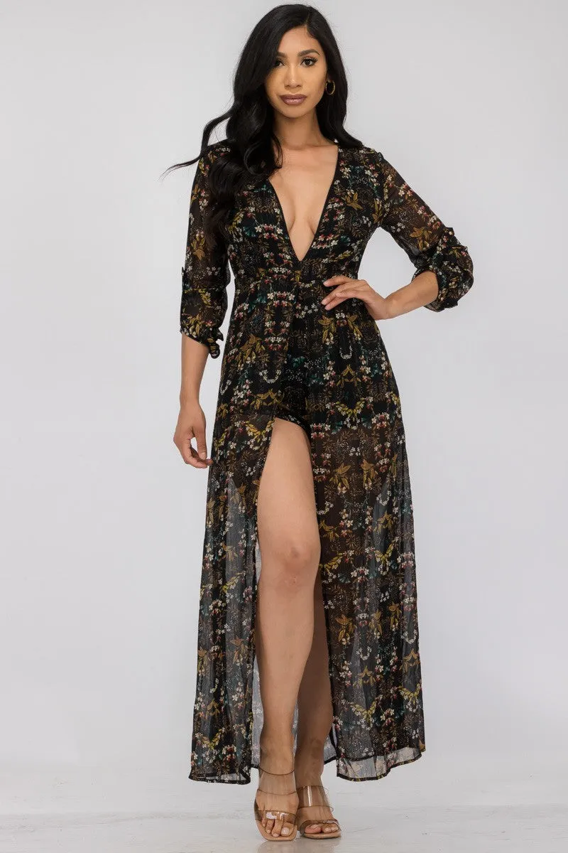 SJW001 - SEMI SHEER LONG SLEEVE MAXI DRESS ROMPER