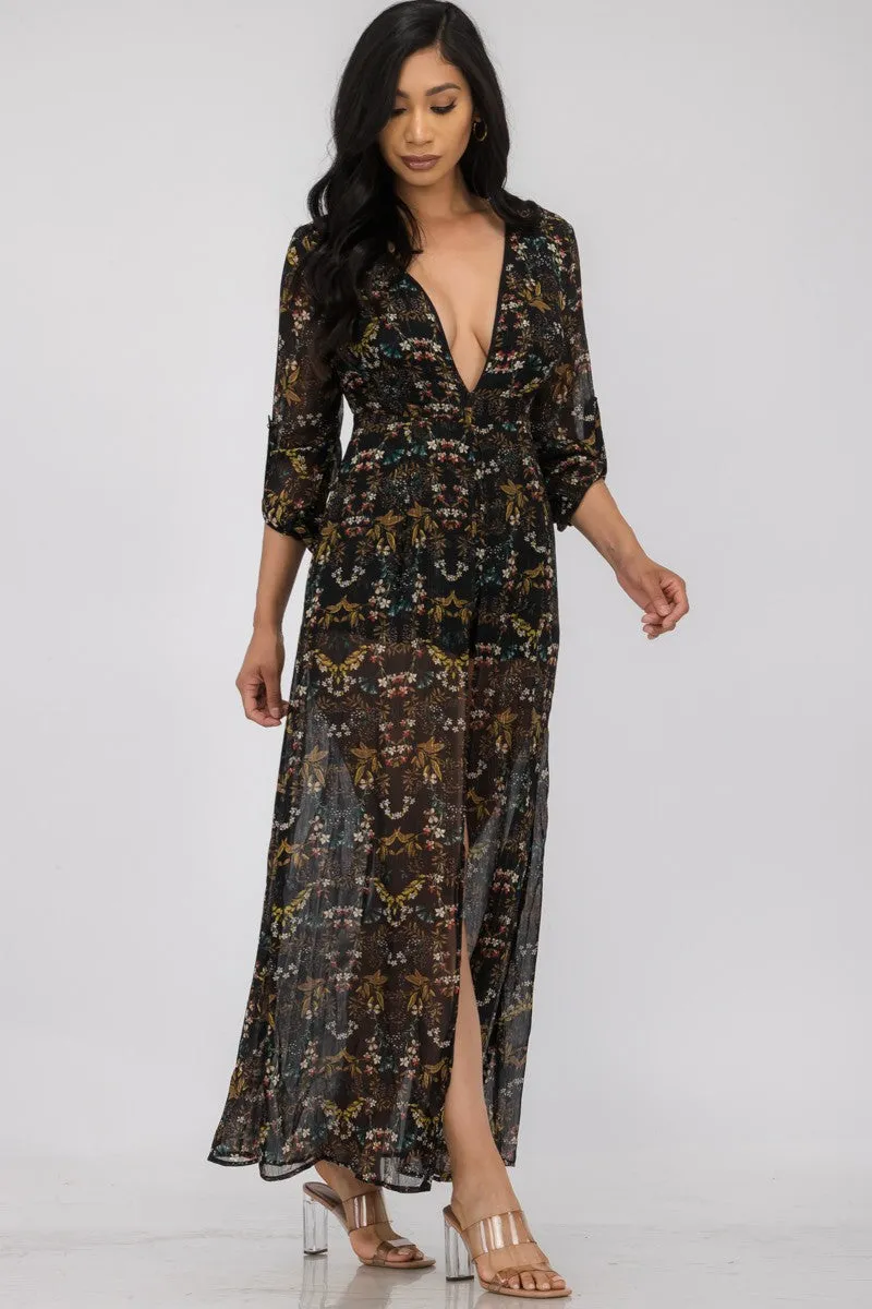 SJW001 - SEMI SHEER LONG SLEEVE MAXI DRESS ROMPER