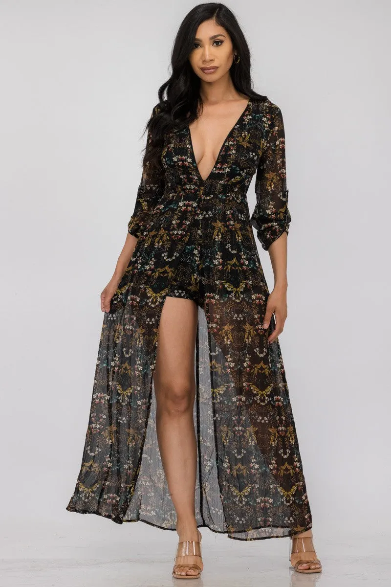 SJW001 - SEMI SHEER LONG SLEEVE MAXI DRESS ROMPER