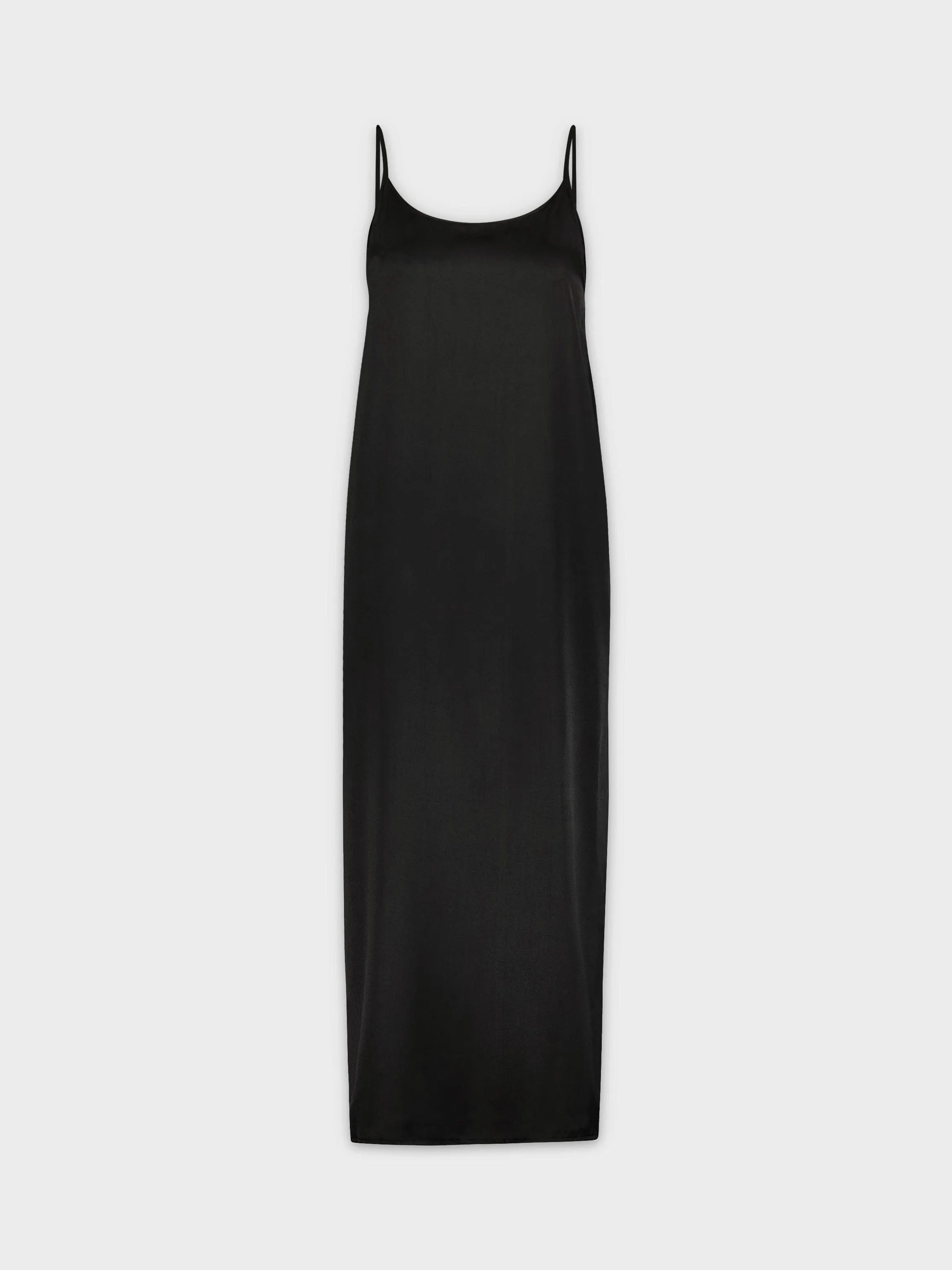 Solid Crew Neck Slip Dress-Black Satin