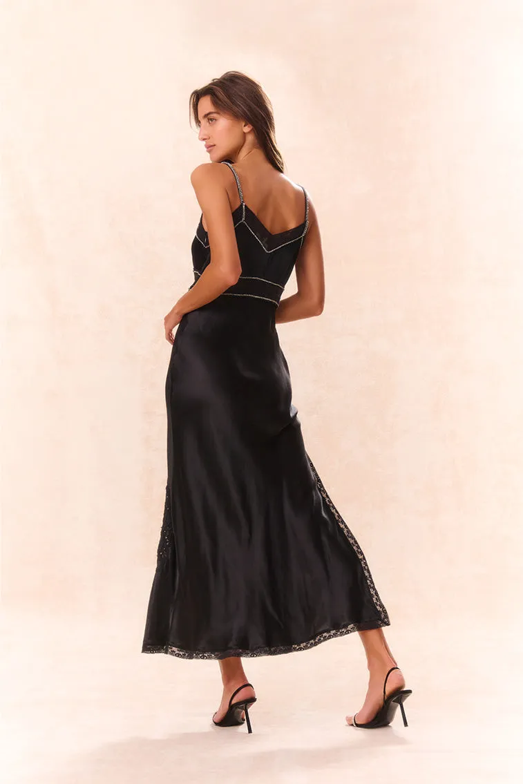 Valea Embellished Satin Maxi Dress - BLACK