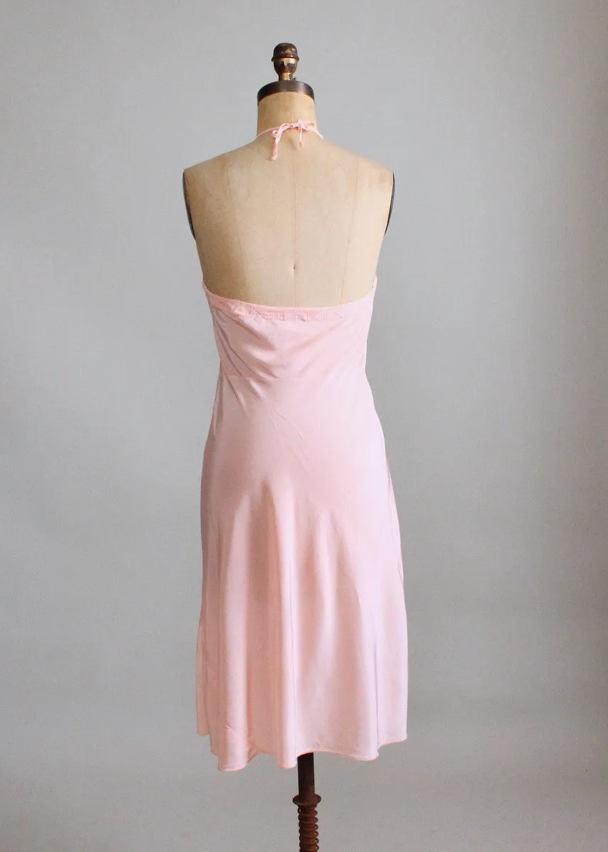 Vintage 1940s Embroidered Peach Rayon Halter Slip Dress