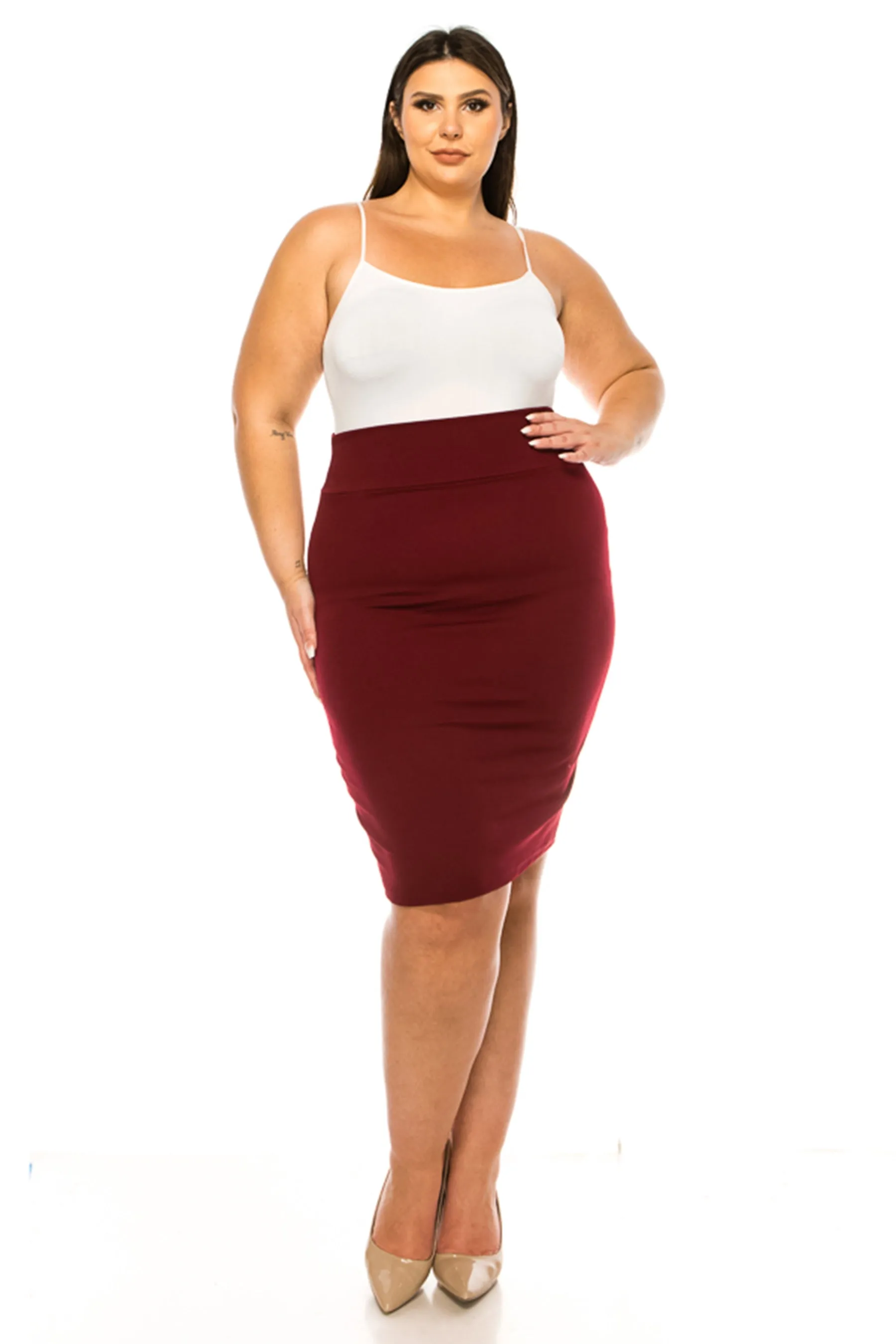 Women's Plus Size Solid Pencil Skirt with Banded Waist - Stretchy