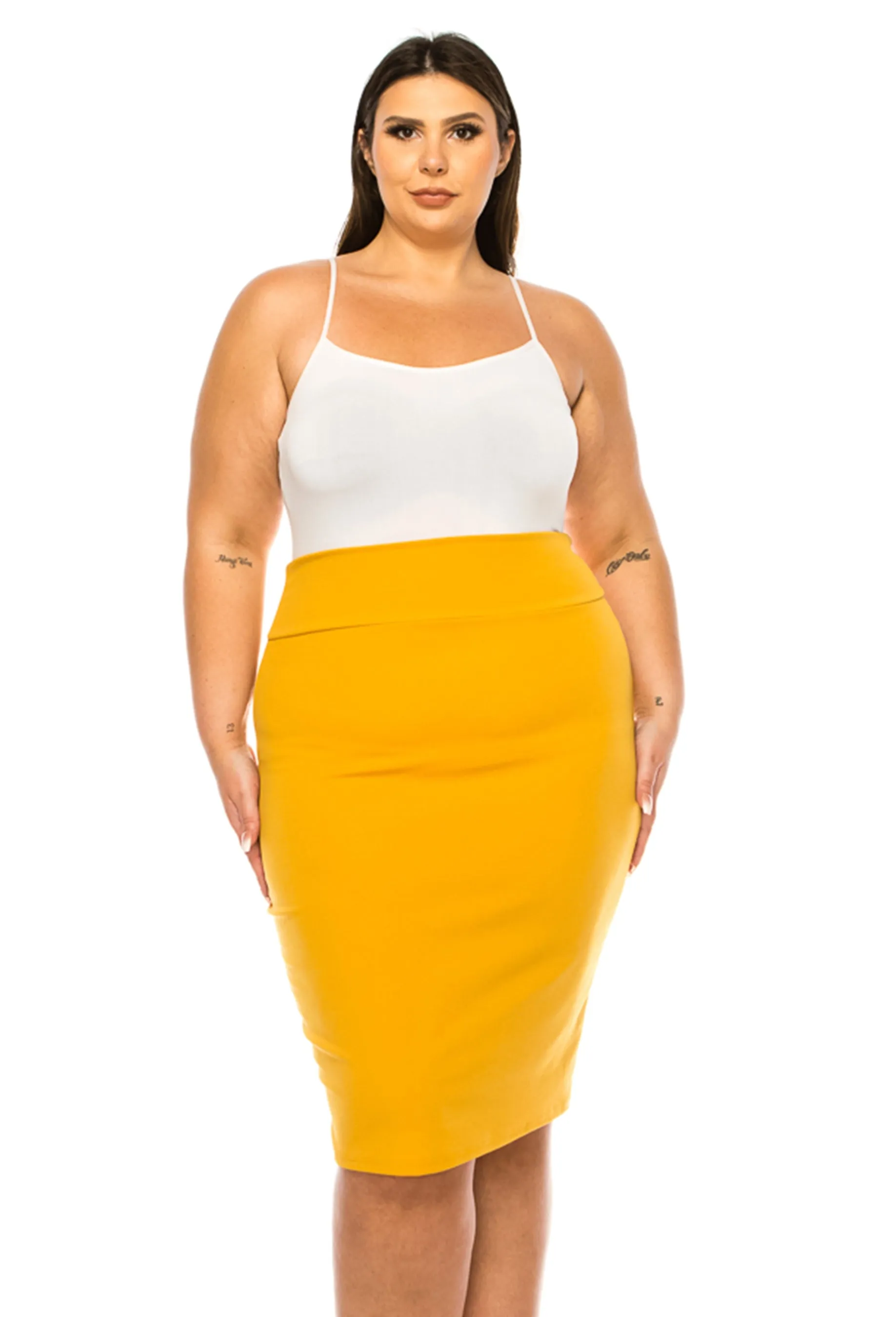 Women's Plus Size Solid Pencil Skirt with Banded Waist - Stretchy