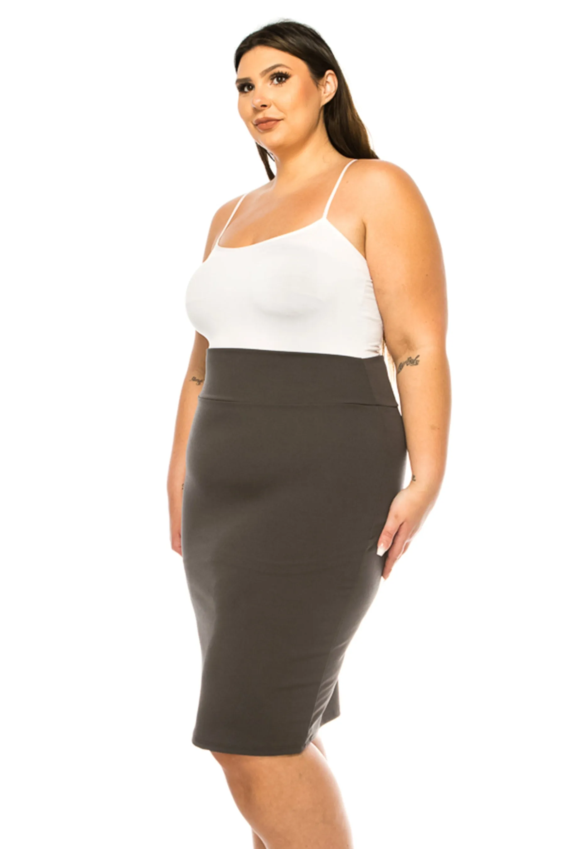 Women's Plus Size Solid Pencil Skirt with Banded Waist - Stretchy