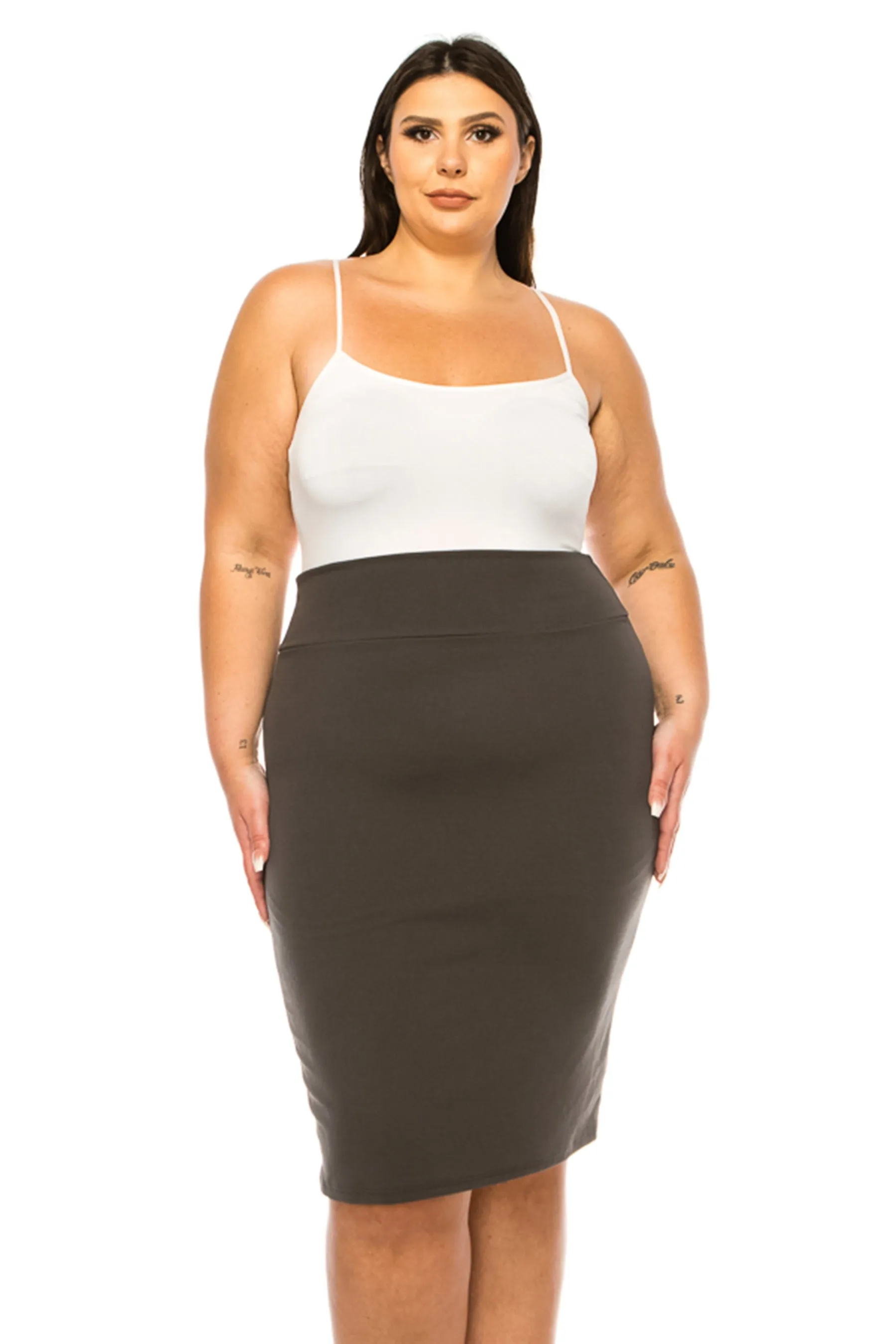 Women's Plus Size Solid Pencil Skirt with Banded Waist - Stretchy