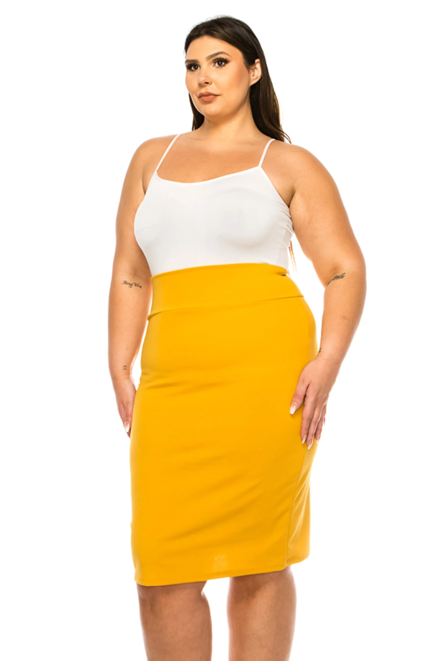 Women's Plus Size Solid Pencil Skirt with Banded Waist - Stretchy